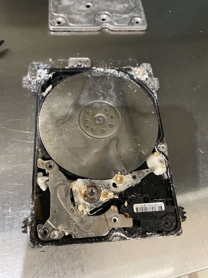 Fire-damaged HDD opened in clean room